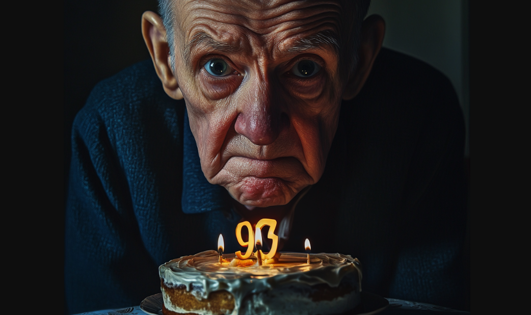 Un vieil homme et triste qui regarde son gâteau d'anniversaire de 93 ans | Source : Midjourney