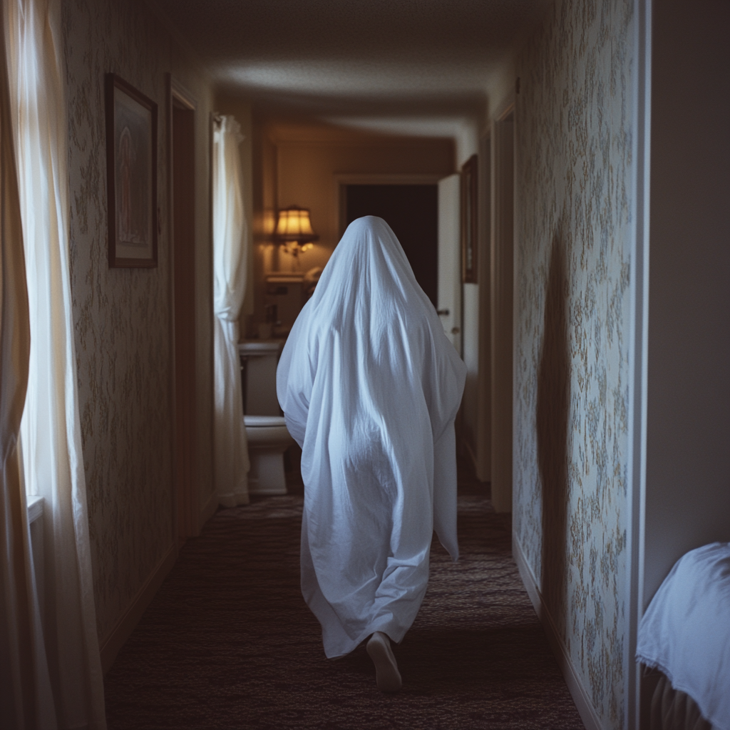 Une femme recouverte d'un drap et qui s'enfuit | Source : Midjourney