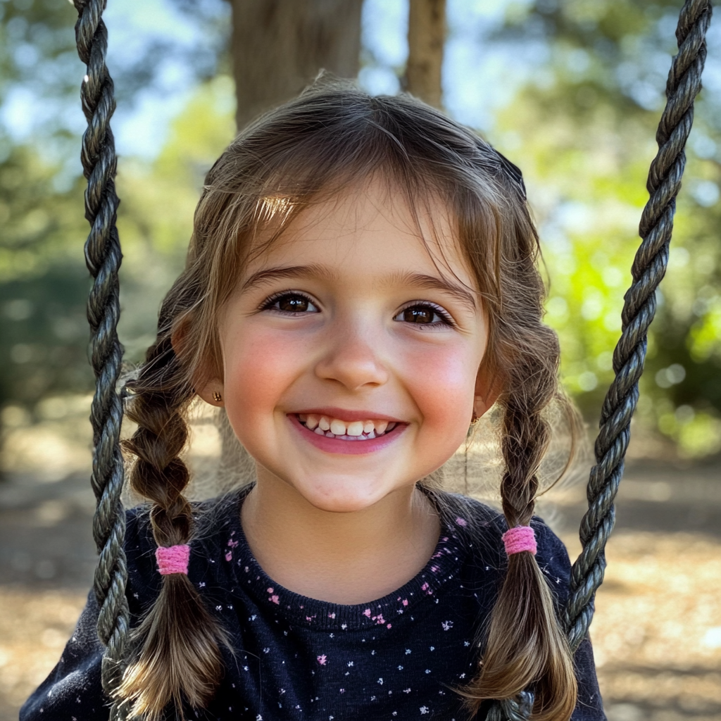 Une petite fille souriante assise sur une balançoire | Source : Midjourney