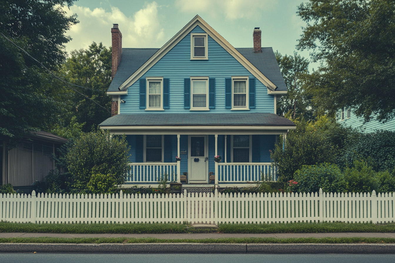 Une maison bleue à deux étages avec une clôture blanche | Source : Midjourney