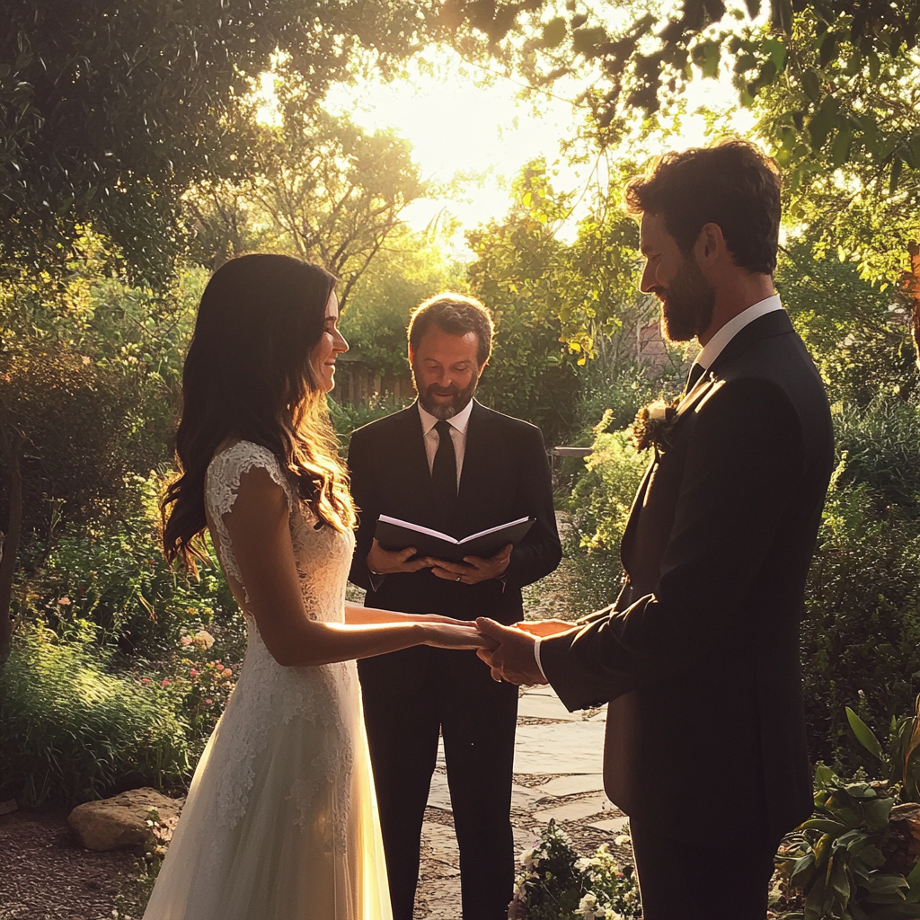 Mariée et marié échangeant leurs vœux le jour de leur mariage | Source : Midjourney