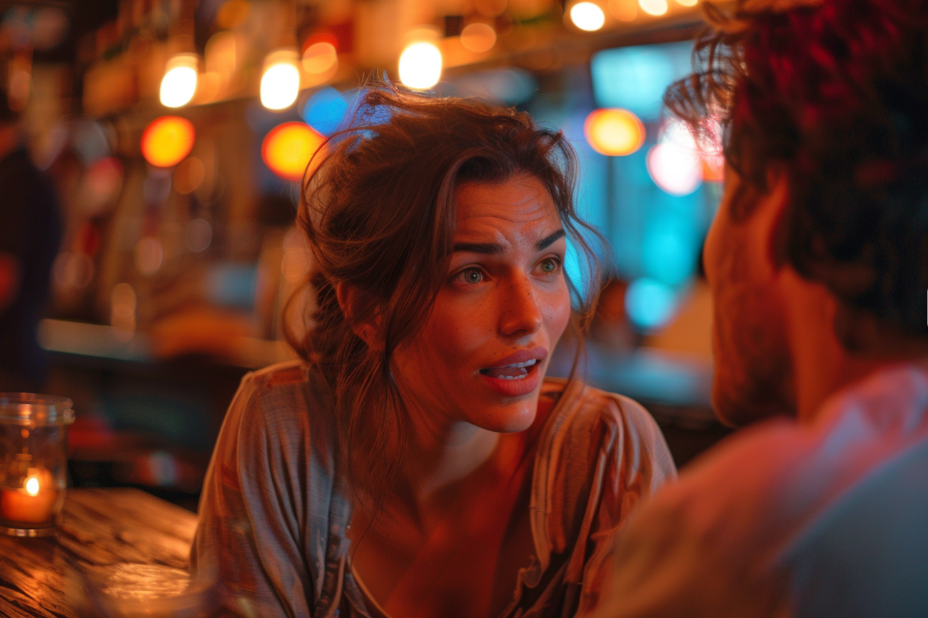 Une femme se disputant avec son mari dans un bar | Source : Midjourney