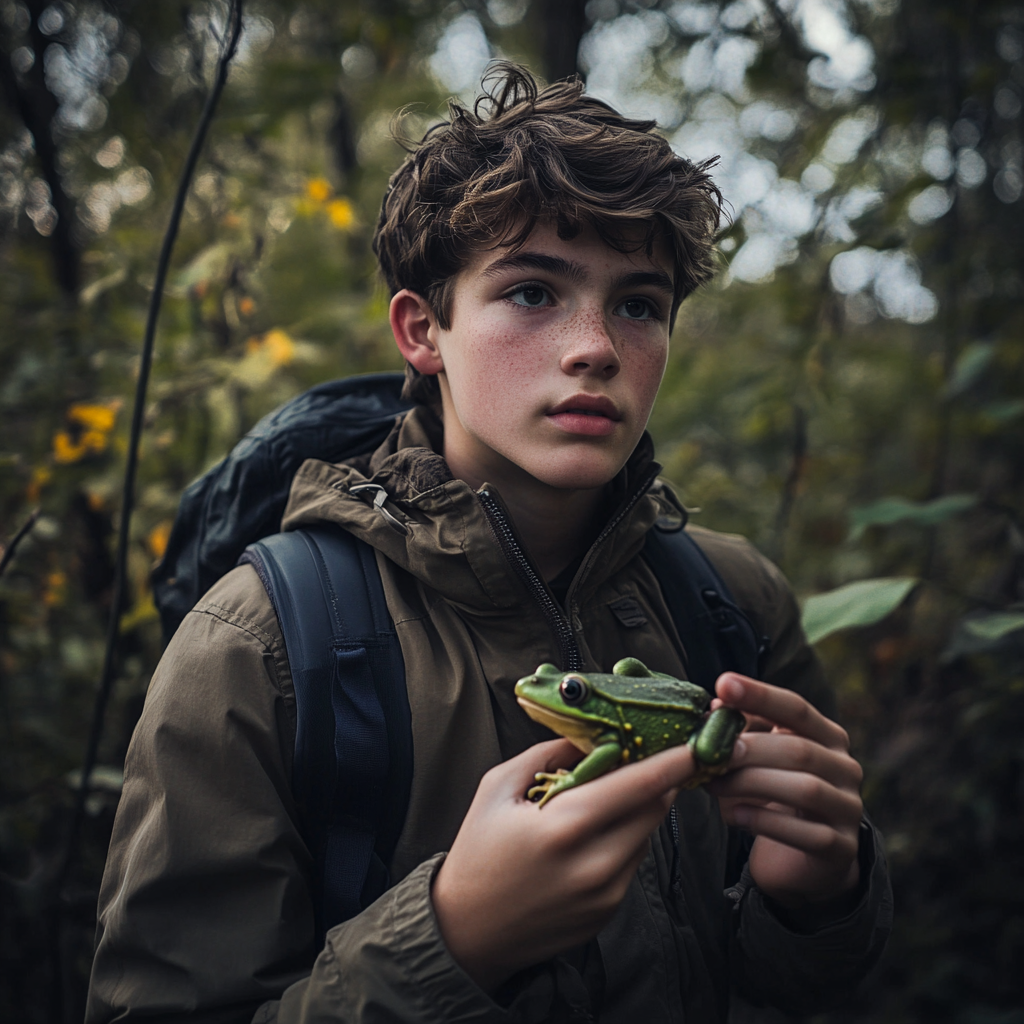 Un garçon dans les bois tenant une grenouille verte | Source : Midjourney