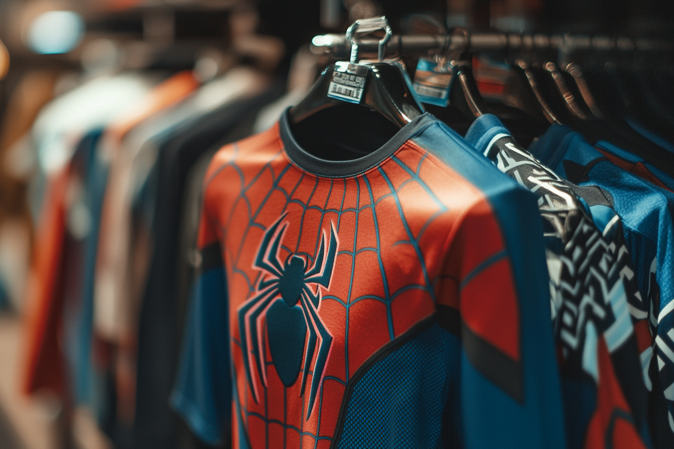 Un maillot sur le thème de Spiderman exposé dans un magasin de tissus | Source : Midjourney