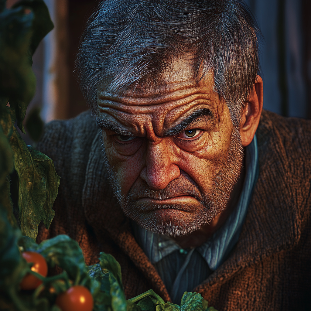 Un vieil homme sage s'occupant des tomates de son jardin | Source : Midjourney