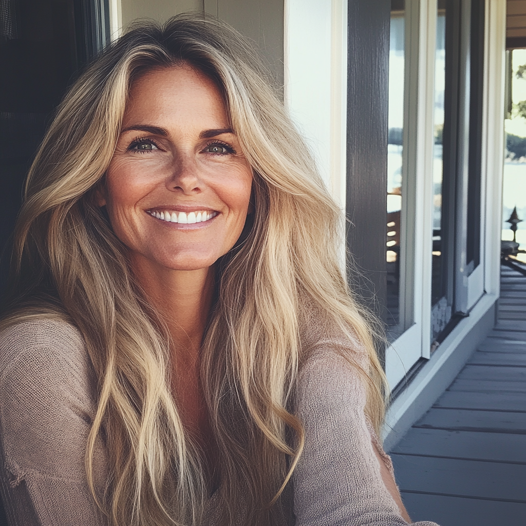 Une femme souriante assise sous un porche | Source : Midjourney
