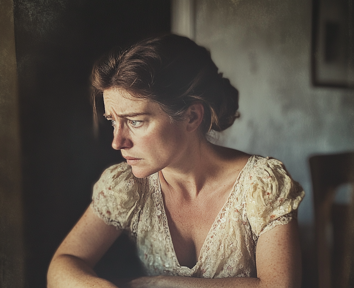 Une femme bouleversée assise à une table | Source : Midjourney