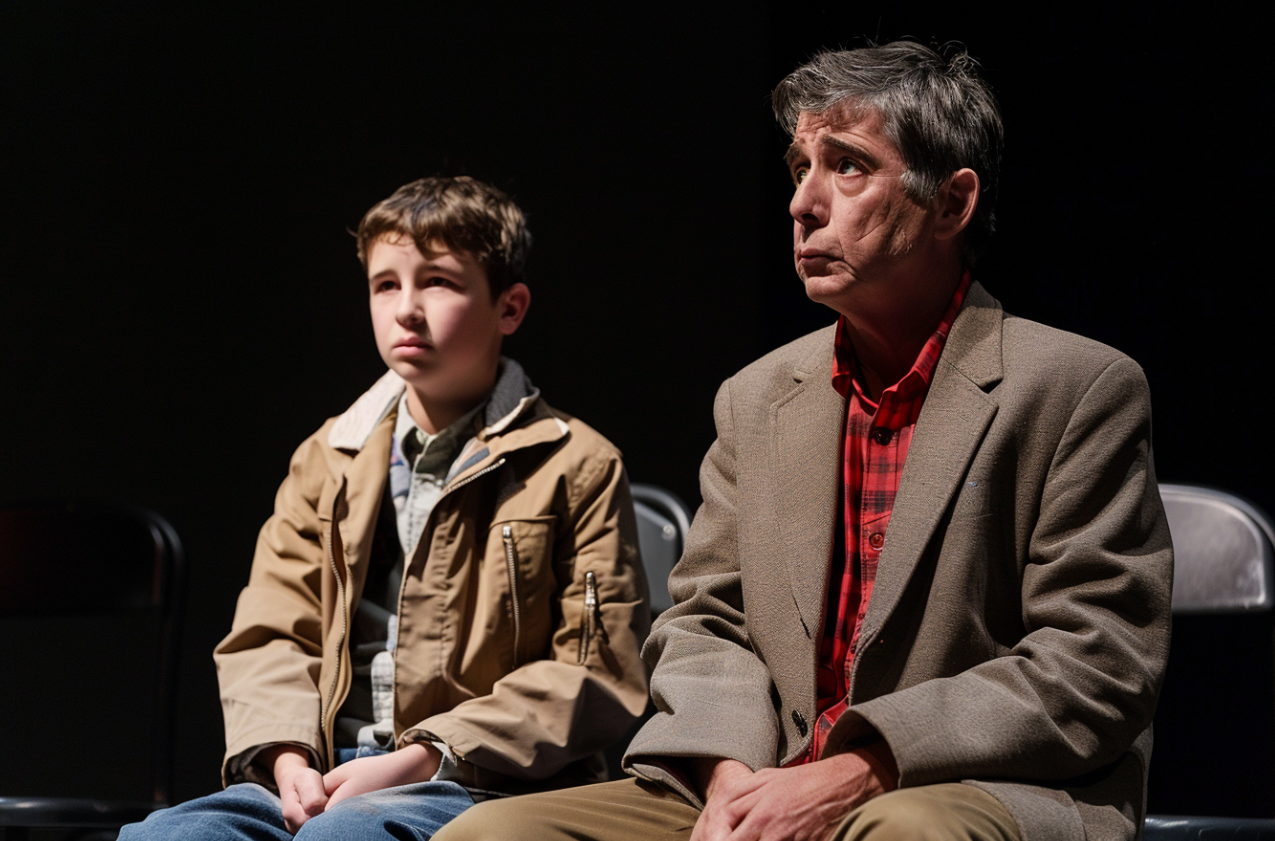 Un adolescent assis à côté de son père sur une scène | Source : MidJourney