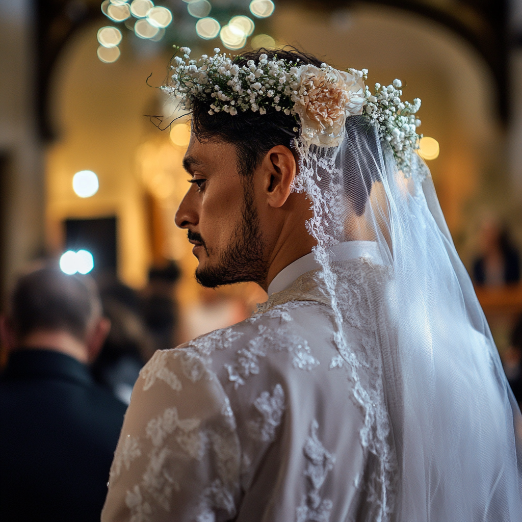 Homme habillé comme une mariée debout devant l'autel | Source : Midjourney