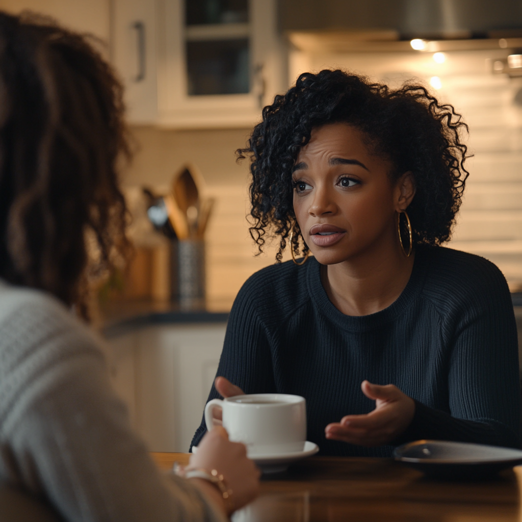 Une femme noire discute avec son amie en prenant le thé chez elle | Source : Midjourney