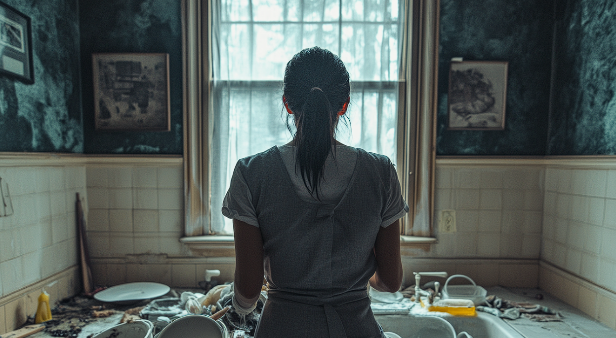 A woman scrubs dirty dishes in a sink | Source: Midjourney