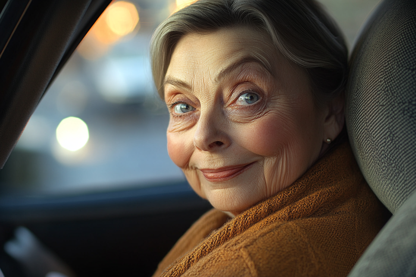 Une femme sourit dans une voiture | Source : Midjourney