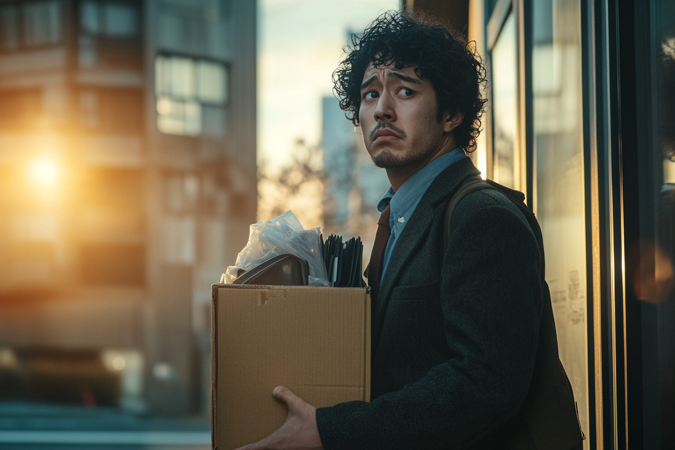 Un homme dans la rue tenant une boîte remplie de fournitures de bureau après avoir été licencié | Source : Midjourney