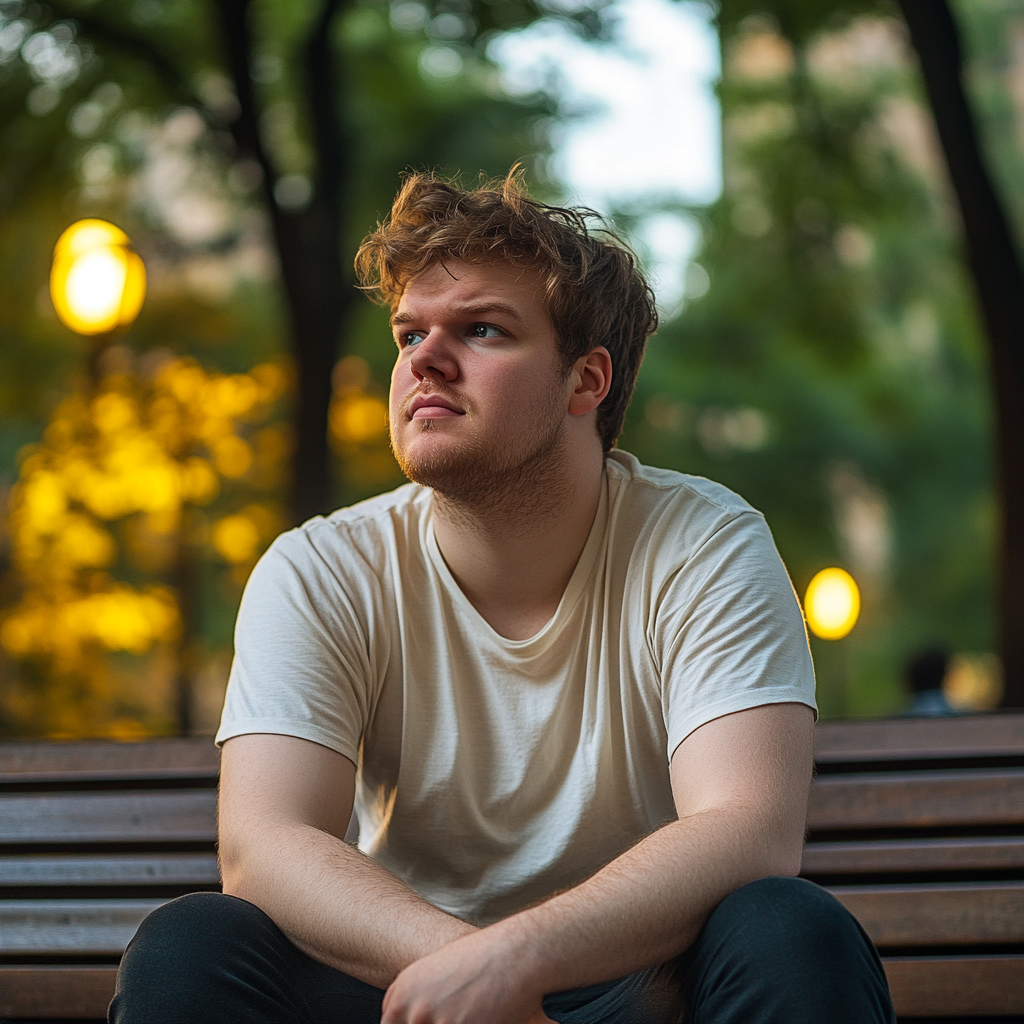 A man looks away while sitting on a bench in a park | Source: Midjourney