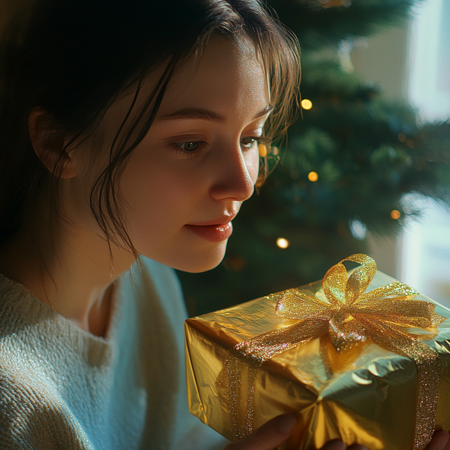 Une femme regarde un cadeau | Source : Midjourney