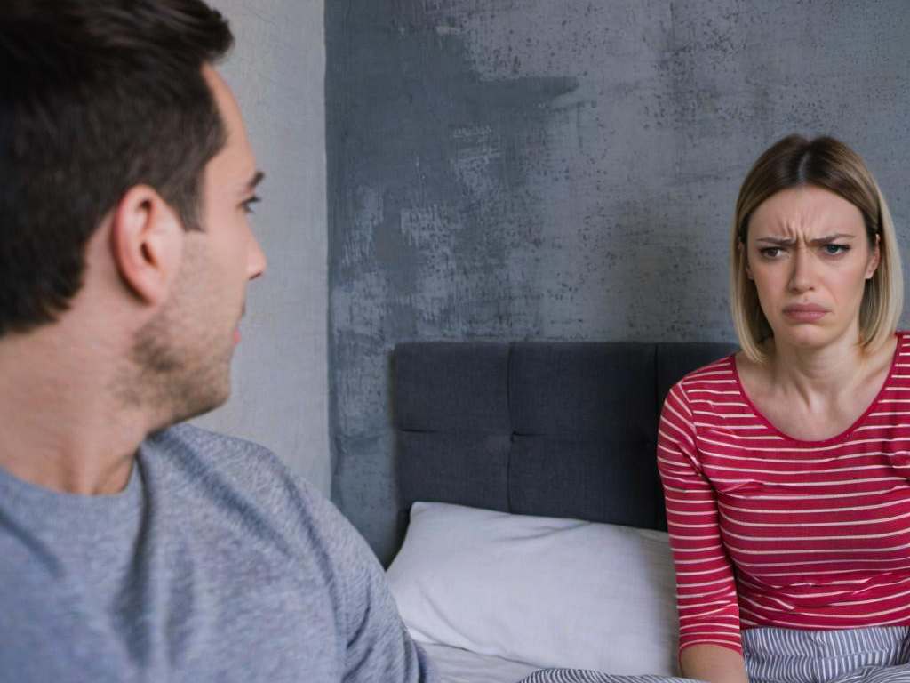 Une femme mécontente affronte un homme dans une chambre à coucher | Source : Midjourney