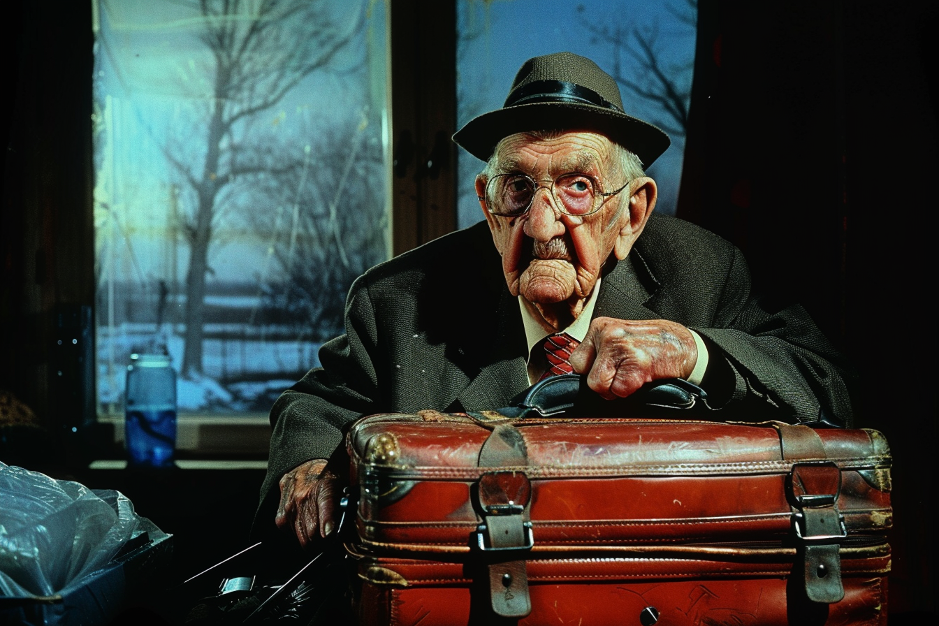 An elderly man grabbing a suitcase | Source: Midjourney