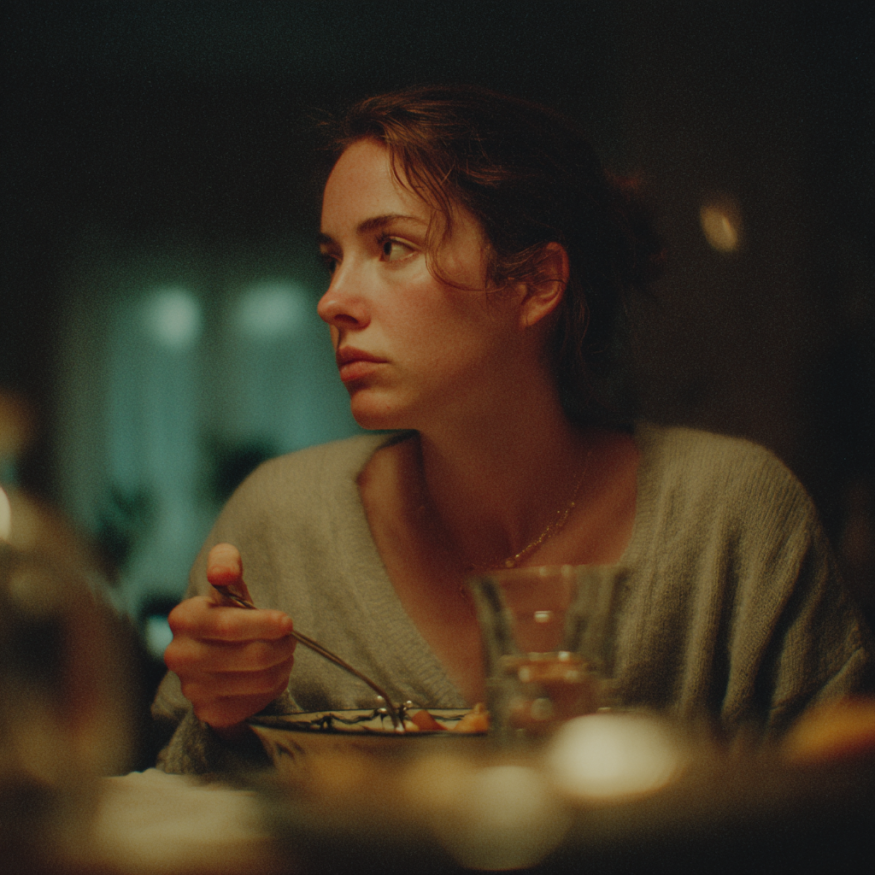 Une femme tenant une cuillère à une table de dîner | Source : Midjourney