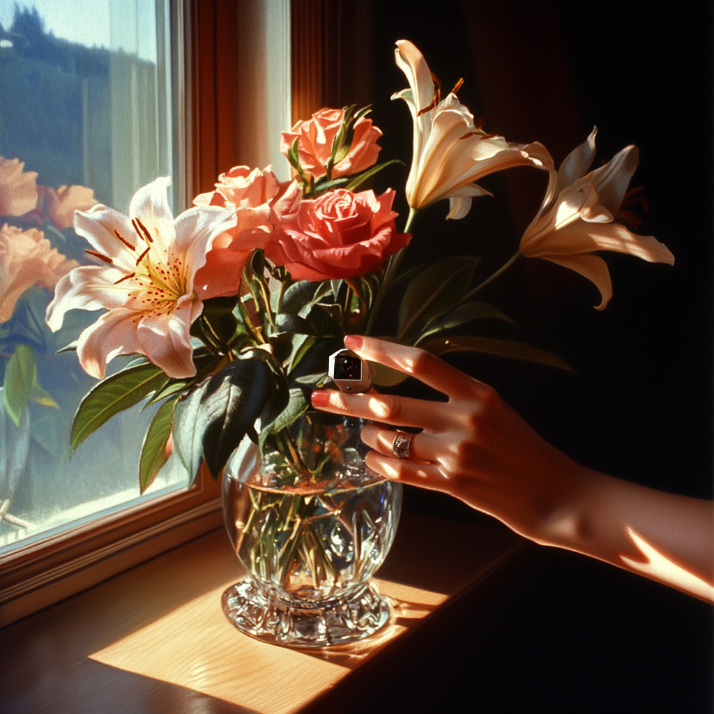 Une femme qui cache un petit appareil photo dans un vase à fleurs | Source : Midjourney