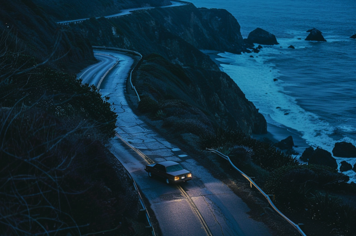 Une voiture roulant sur une route côtière sinueuse de nuit | Source : Midjourney