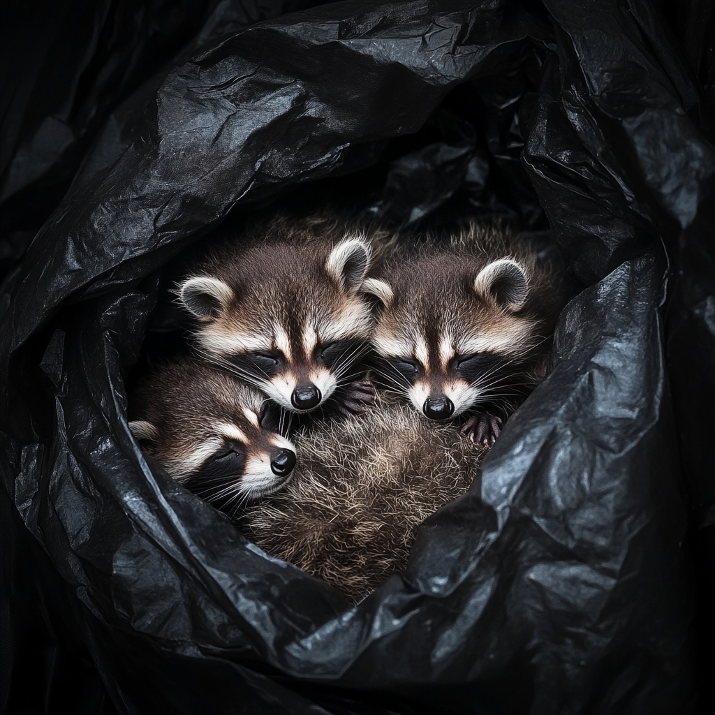 Trois bébés ratons laveurs dans un sac poubelle | Source : Midjourney