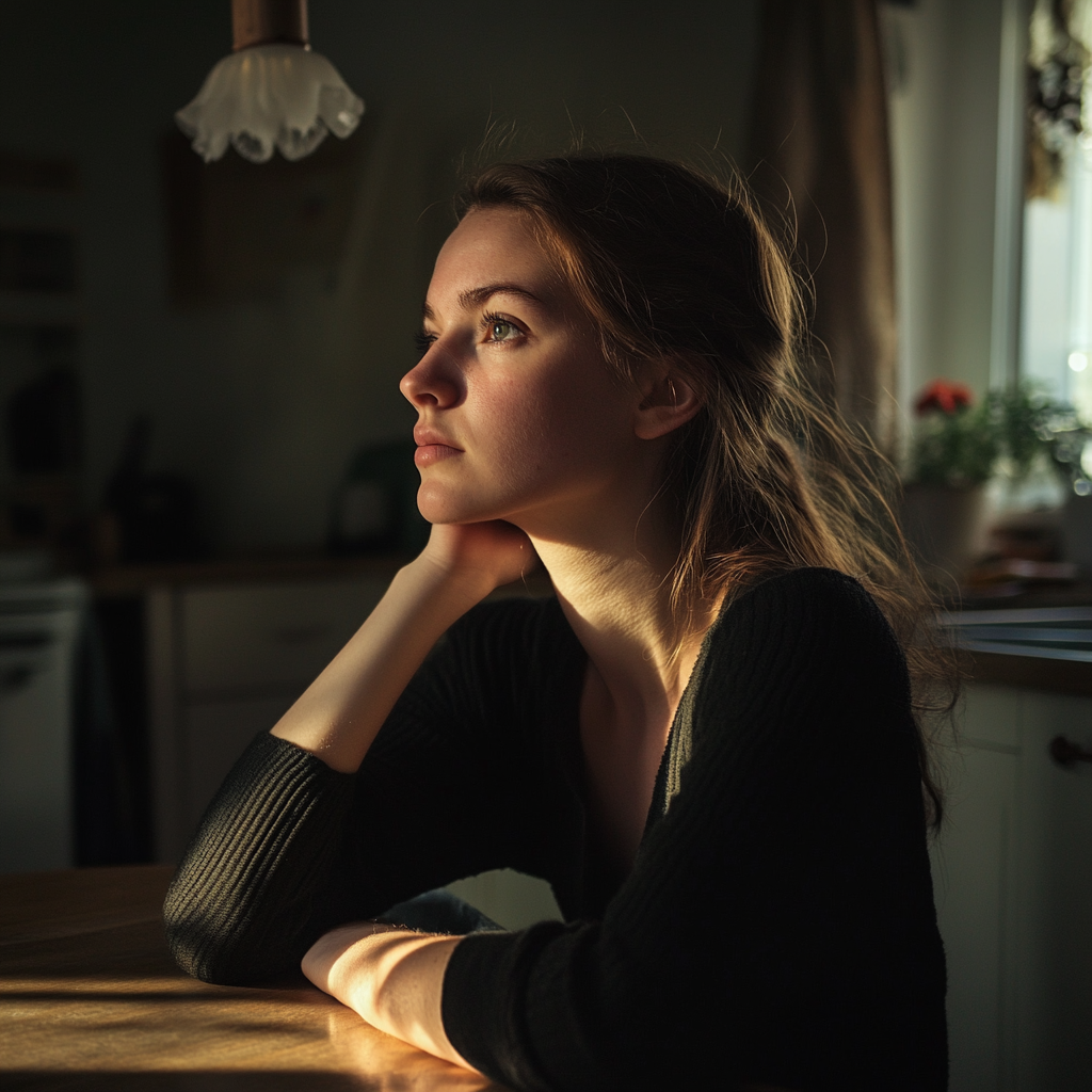 Une femme déçue assise à sa table de cuisine | Source : Midjourney