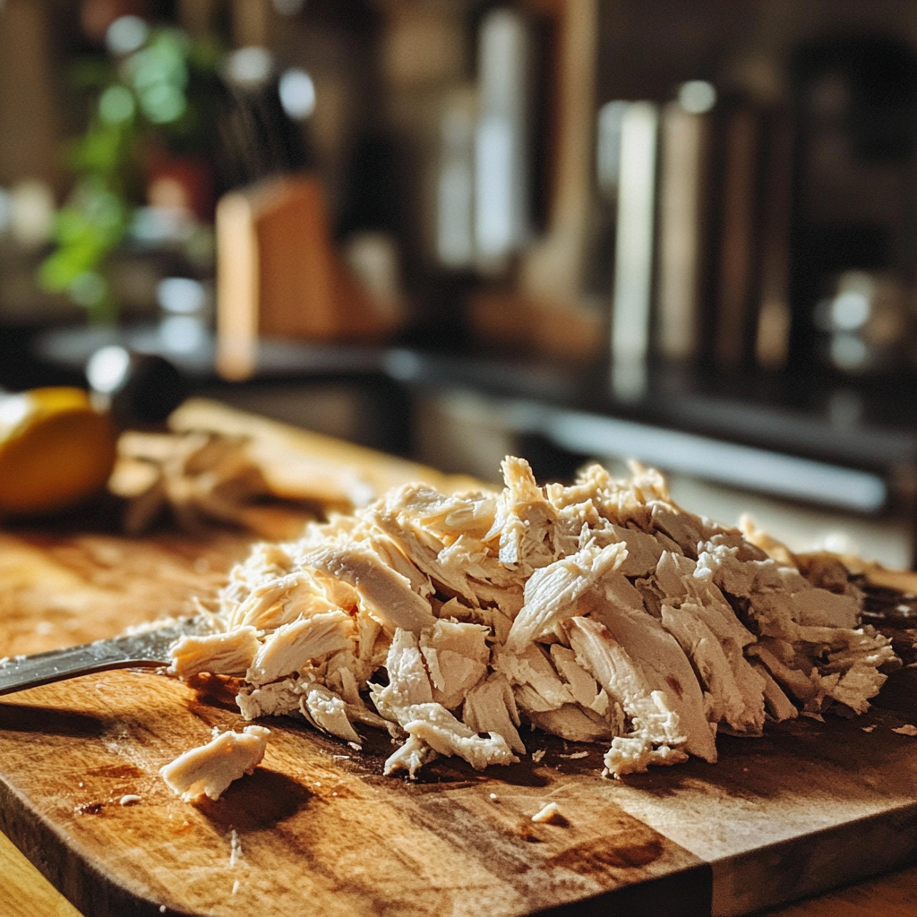 Poulet effiloché sur une planche à découper | Source : Midjourney