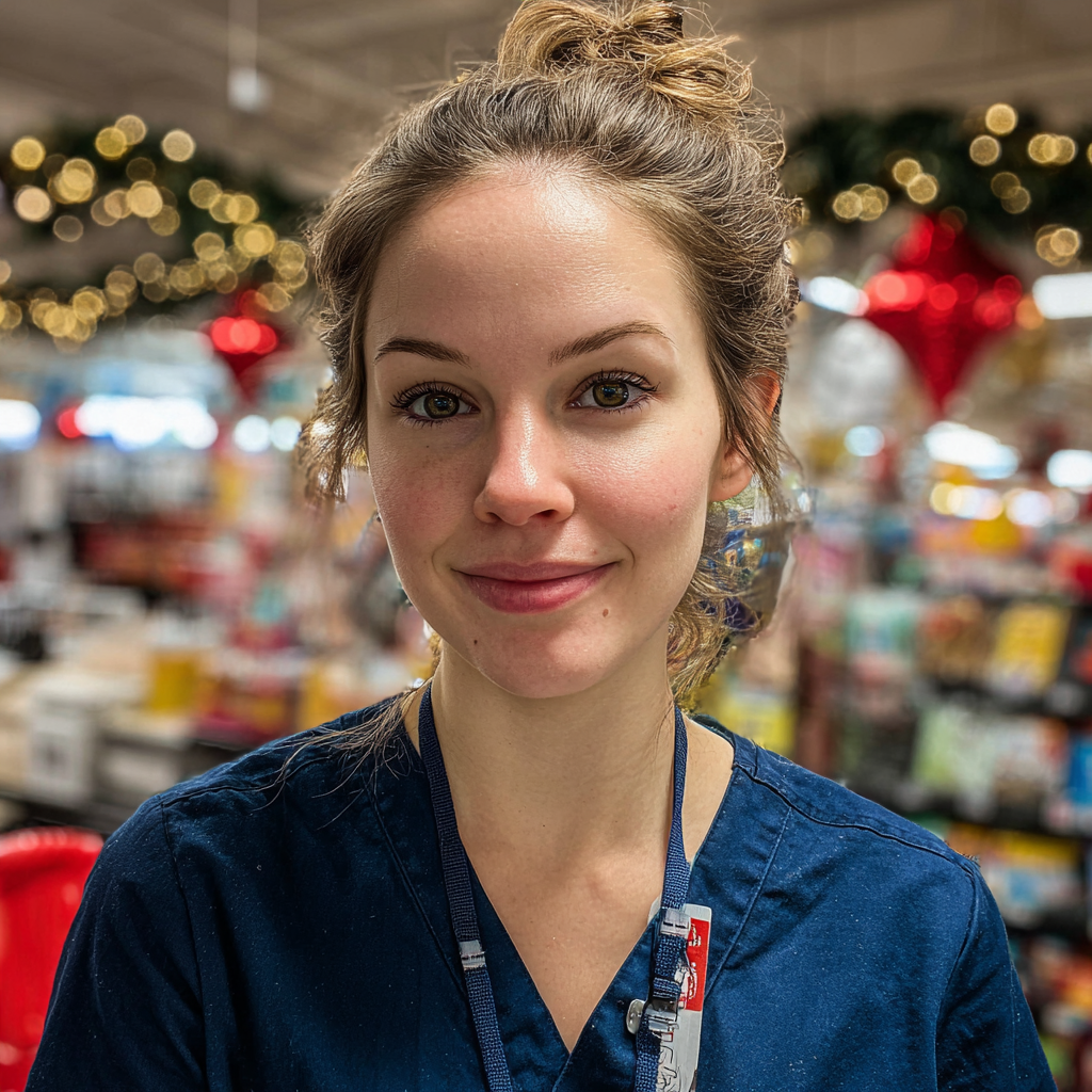 Une infirmière souriante debout dans une épicerie | Source : Midjourney