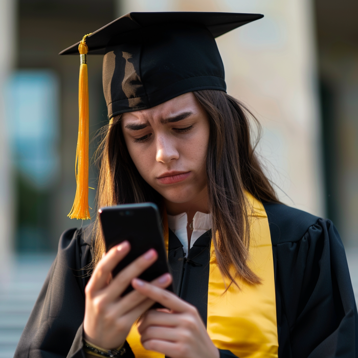 Une jeune femme en robe de fin d'études consulte son téléphone portable | Source : Midjourney