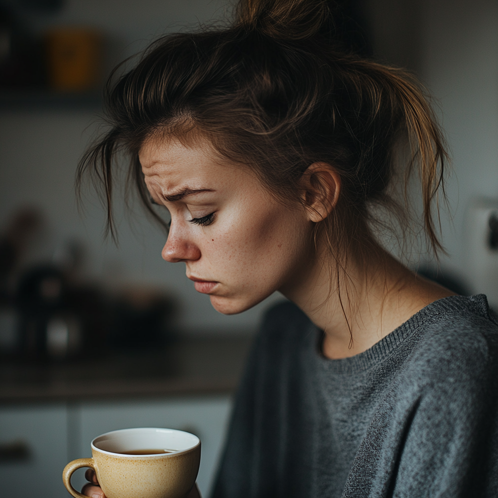 Une femme fronce les sourcils en fixant sa tasse de thé | Source : Midjourney