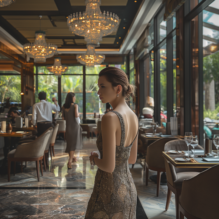 Une femme vêtue d'une superbe robe se tient dans un restaurant | Source : Midjourney