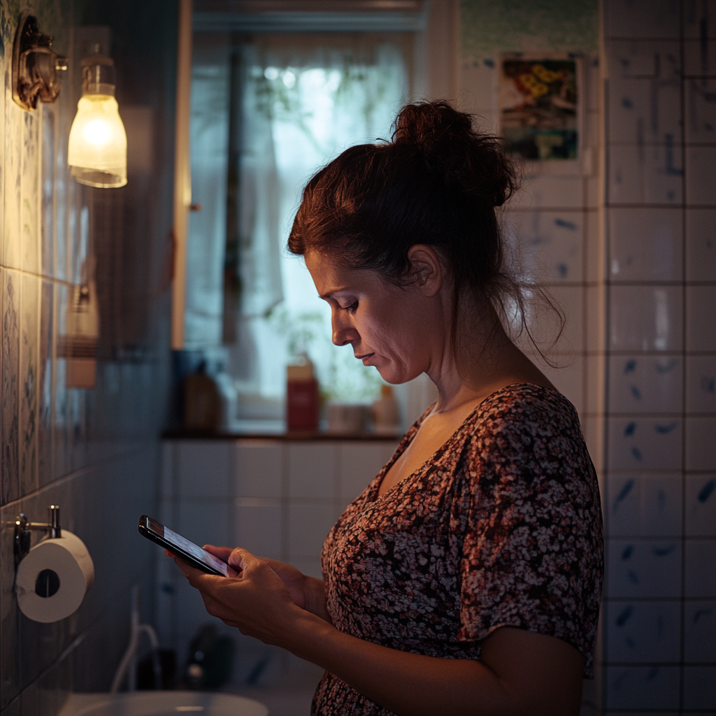 Une femme triste qui regarde son téléphone | Source : Midjourney