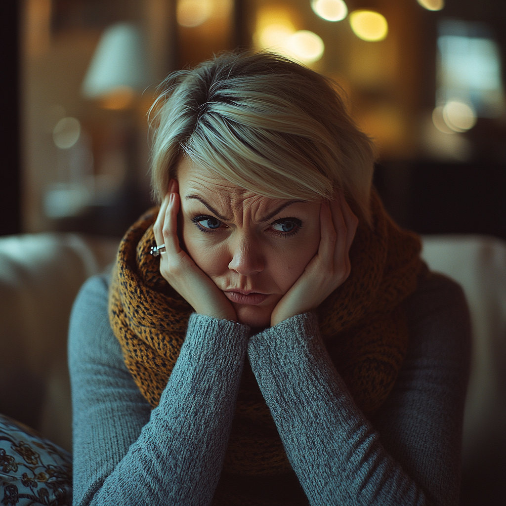 Une femme inquiète dans un appartement | Source : Mijourney