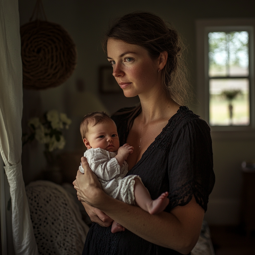 Une femme sérieuse tenant un bébé | Source : Midjourney