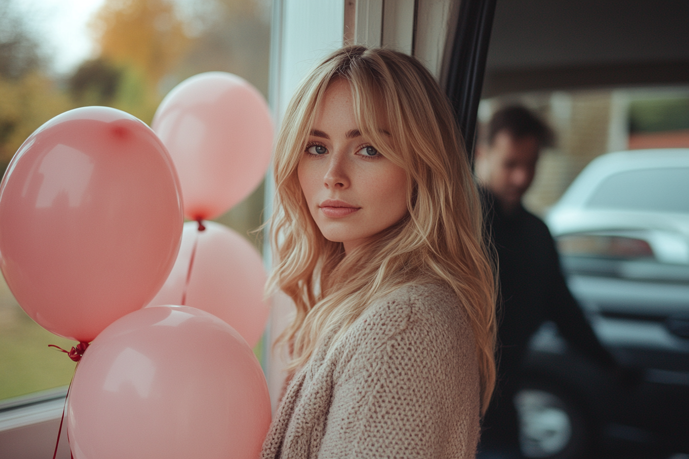 Une femme sérieuse se tient à la porte, tenant des ballons. En arrière-plan, un homme ouvre le coffre d'une voiture, concentré sur le déchargement. | Source : Midjourney