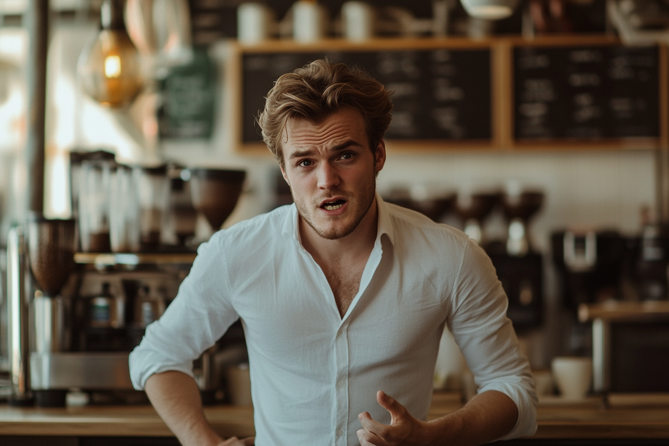 Un homme debout dans un café, parlant d'une manière contrariée | Source : Midjourney