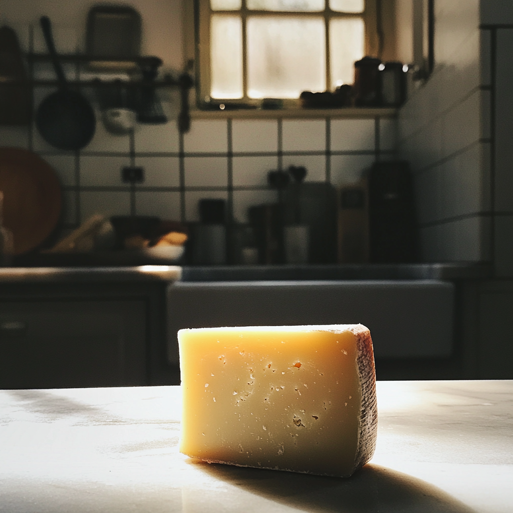 Un bloc de fromage sur un comptoir de cuisine | Source : Midjourney