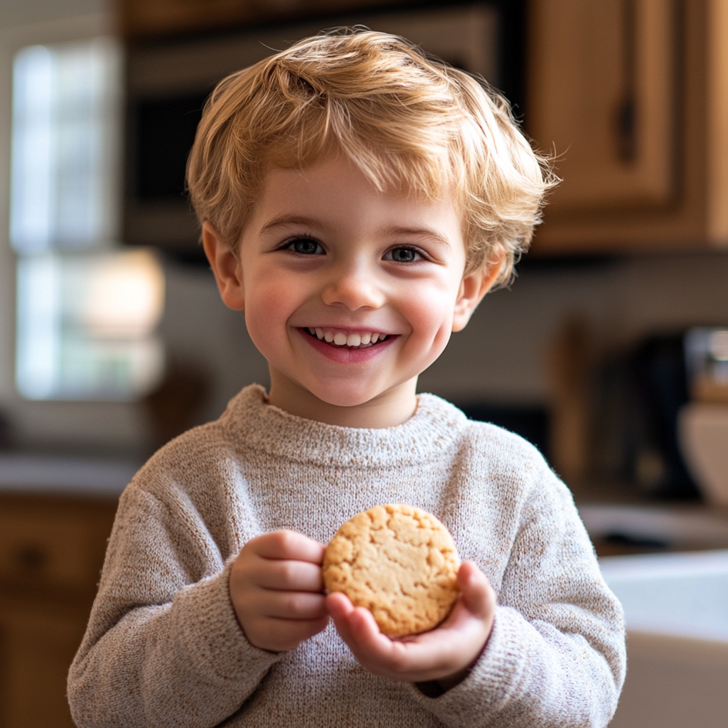 Un garçon tenant un biscuit | Source : Midjourney