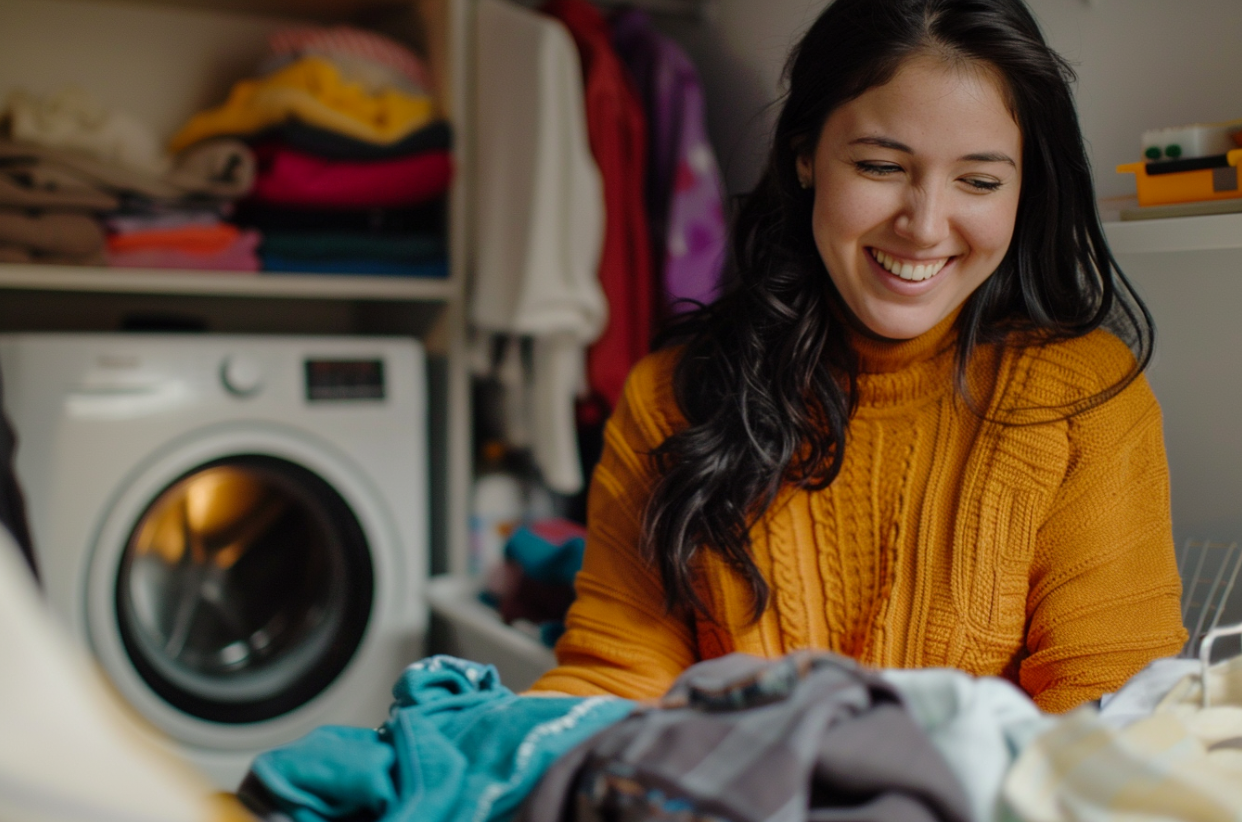 Une femme qui rit en faisant la lessive | Source : MidJourney