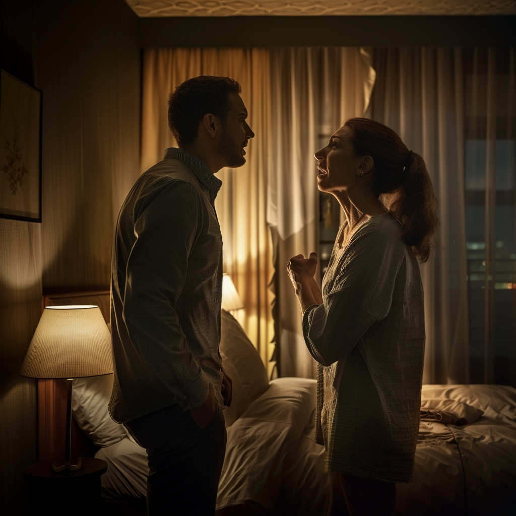 Un couple qui se dispute dans une chambre d'hôtel | Source : Midjourney