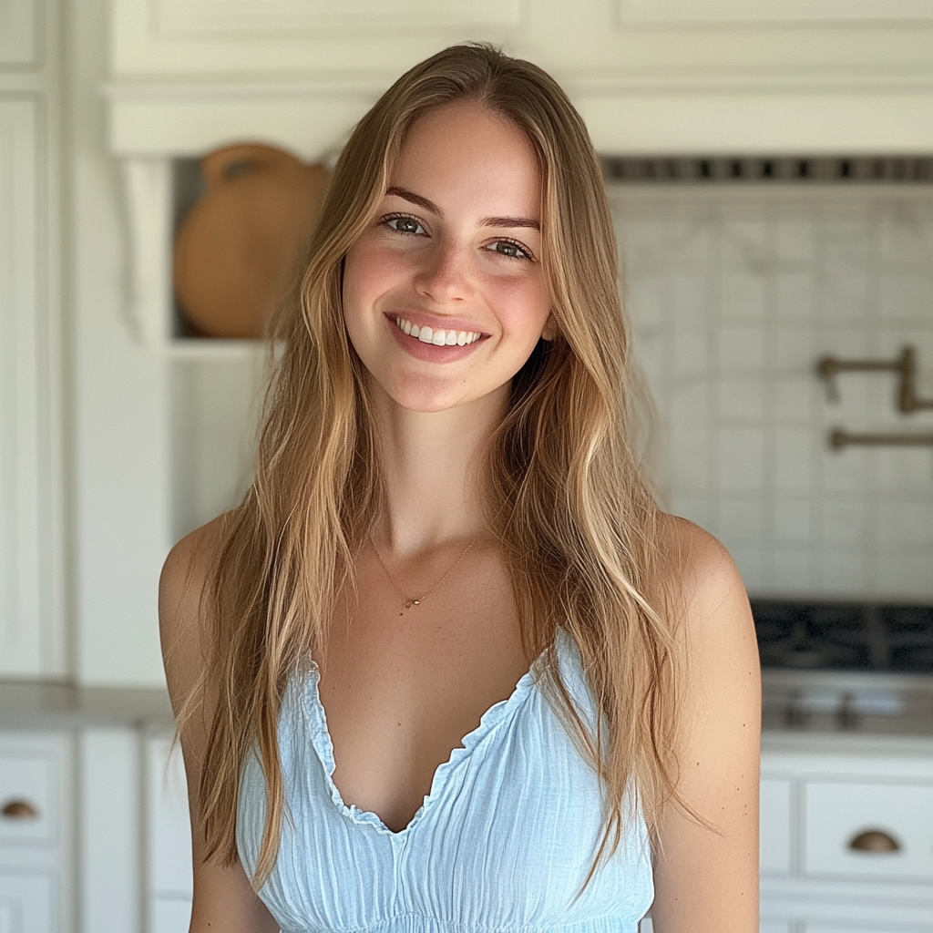 Une femme souriante portant une robe bleue | Source : Midjourney