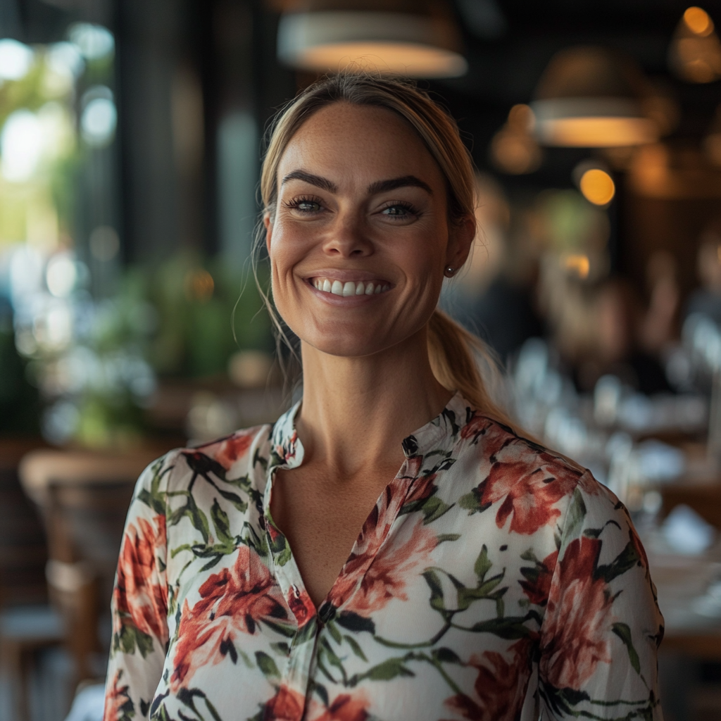 Une femme excitée debout dans un restaurant | Source : Midjourney