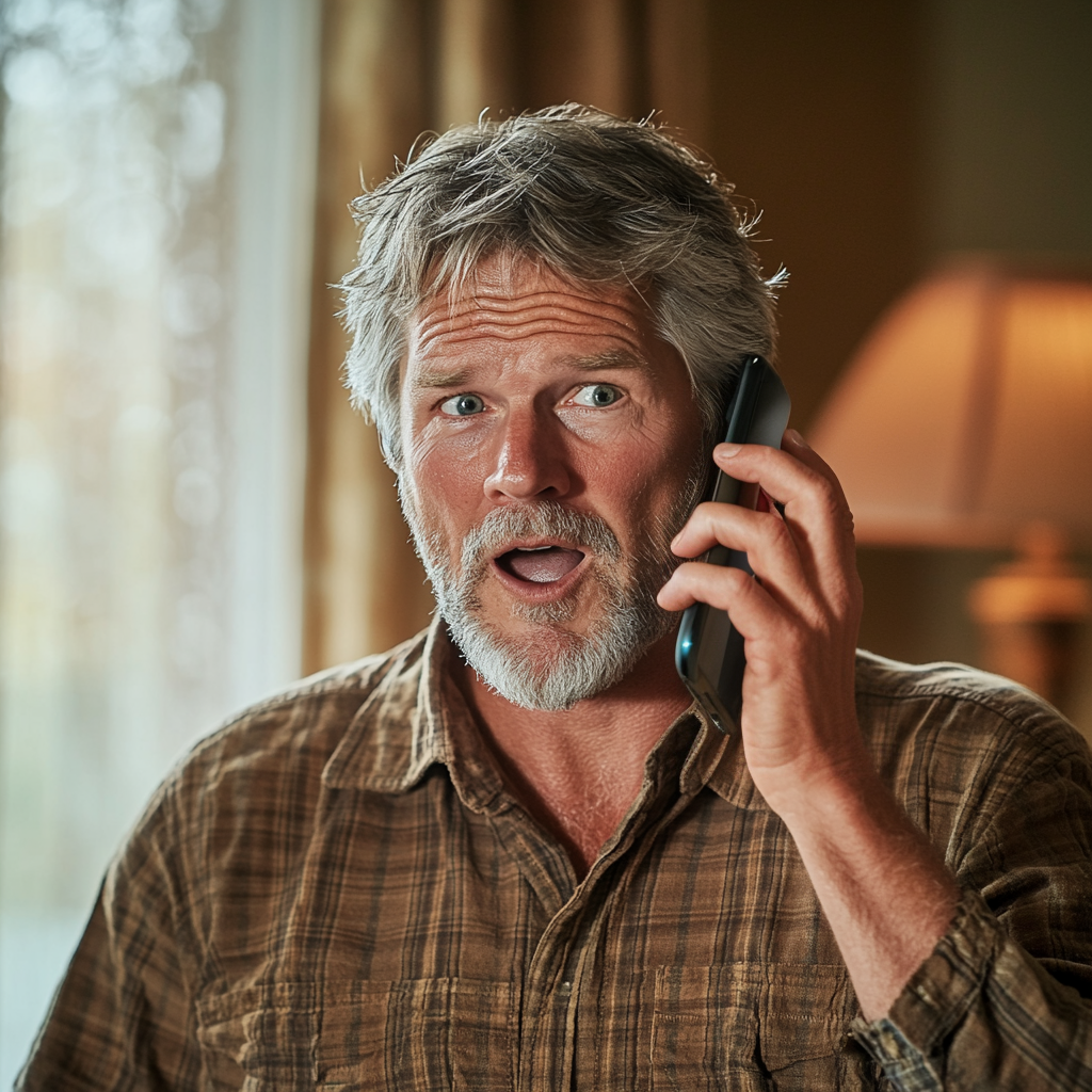 Un homme d'âge moyen qui a l'air surpris tout en parlant au téléphone | Source : Midjourney