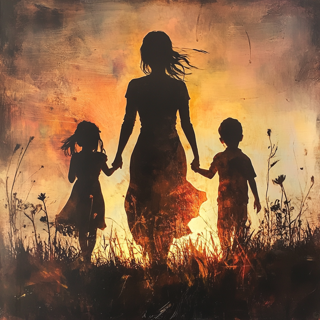 Silhouette d'une femme avec deux petits enfants | Source : Midjourney