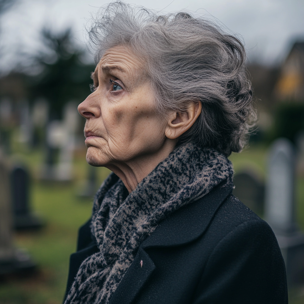 Une femme âgée au cœur brisé regarde vers le haut | Source : Midjourney