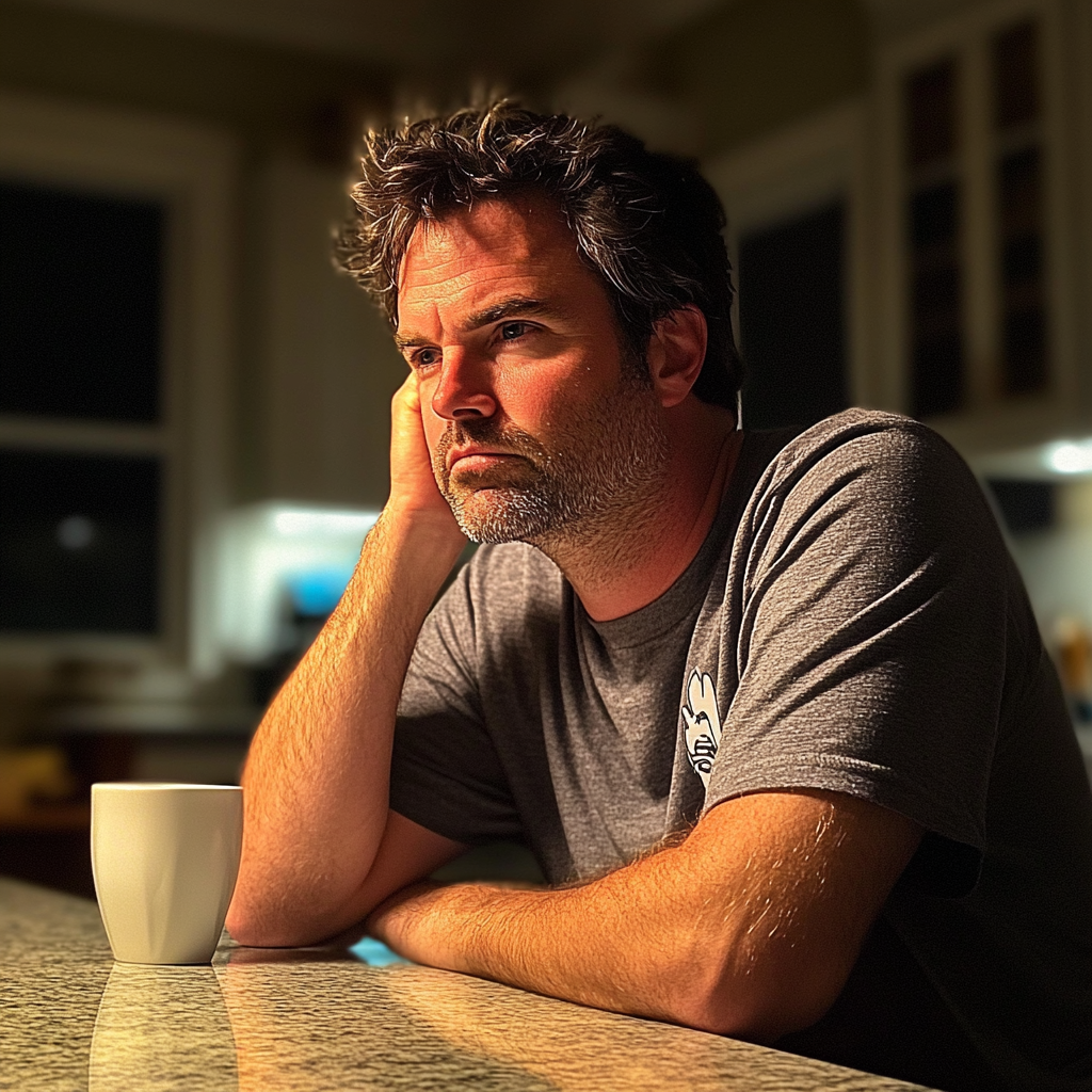 Un homme assis à un comptoir de cuisine | Source : Midjourney