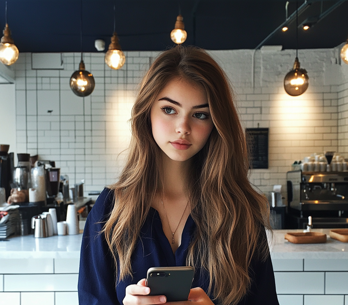Une jeune femme debout dans un café | Source : Midjourney