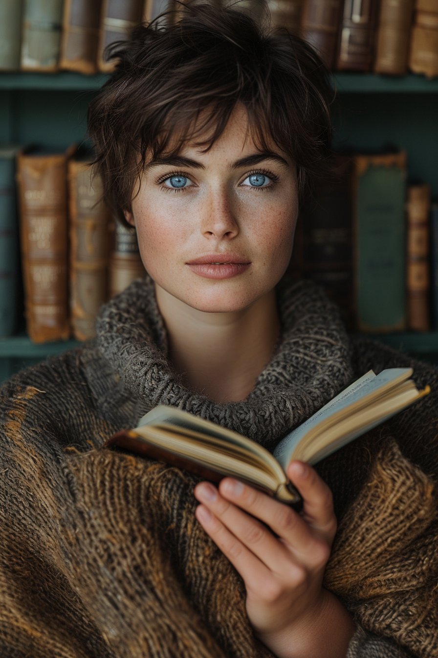 Une femme pose avec un livre | Source : Midjourney