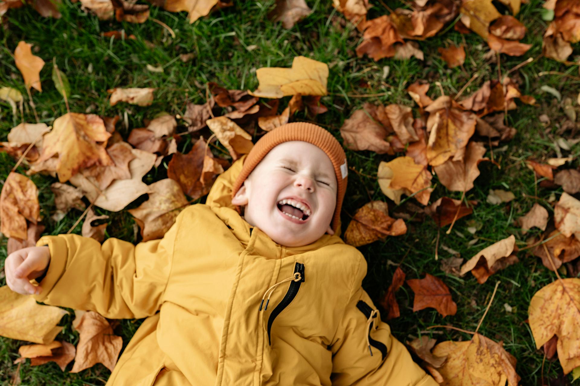 Un petit garçon allongé sur l'herbe couverte de feuilles d'automne et riant | Source : Pexels