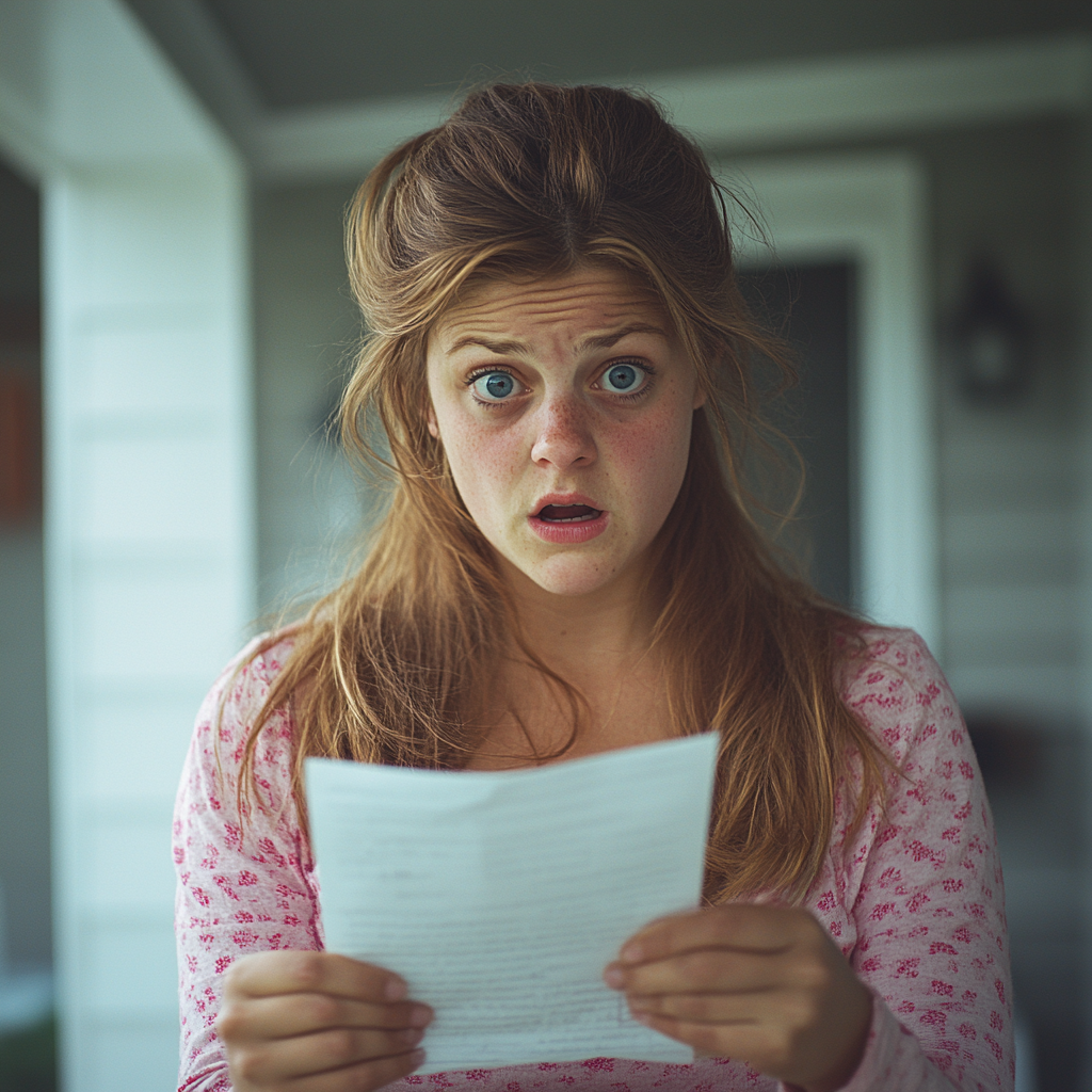 Une femme choquée lisant une note | Source : Midjourney